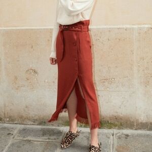 Nanushuka Disha High Waist Belted Midi Skirt With Fringe Hem In Brick